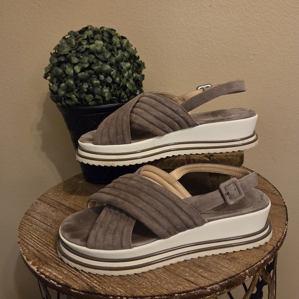 LUCA GROSSI Taupe Suede‎ Open Toe Sling Back Platform Sandals Women's EU 38 US 8
